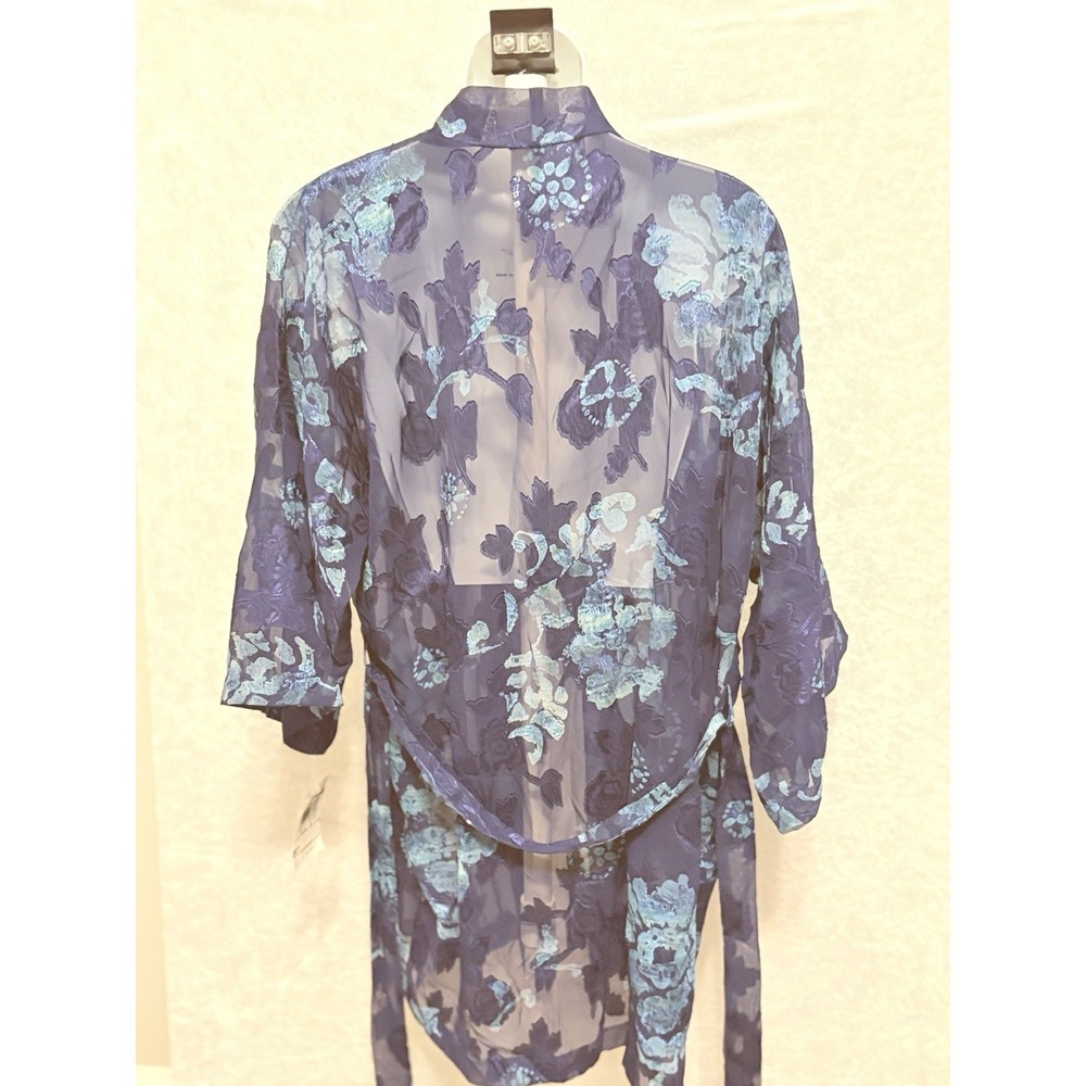 California Dynasty Sheer Floral Kimono Beach Cover Up Blue Burnout Mesh  M - Picture 7 of 8
